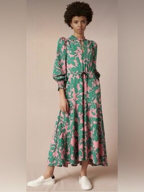 ME+EM Leaf-print Tiered Maxi Dress Pink and Green